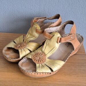 Pikolinos Puerto Vallarta Yellow Leather Boho Sandals Women’s 7 Euro 37 Wedge